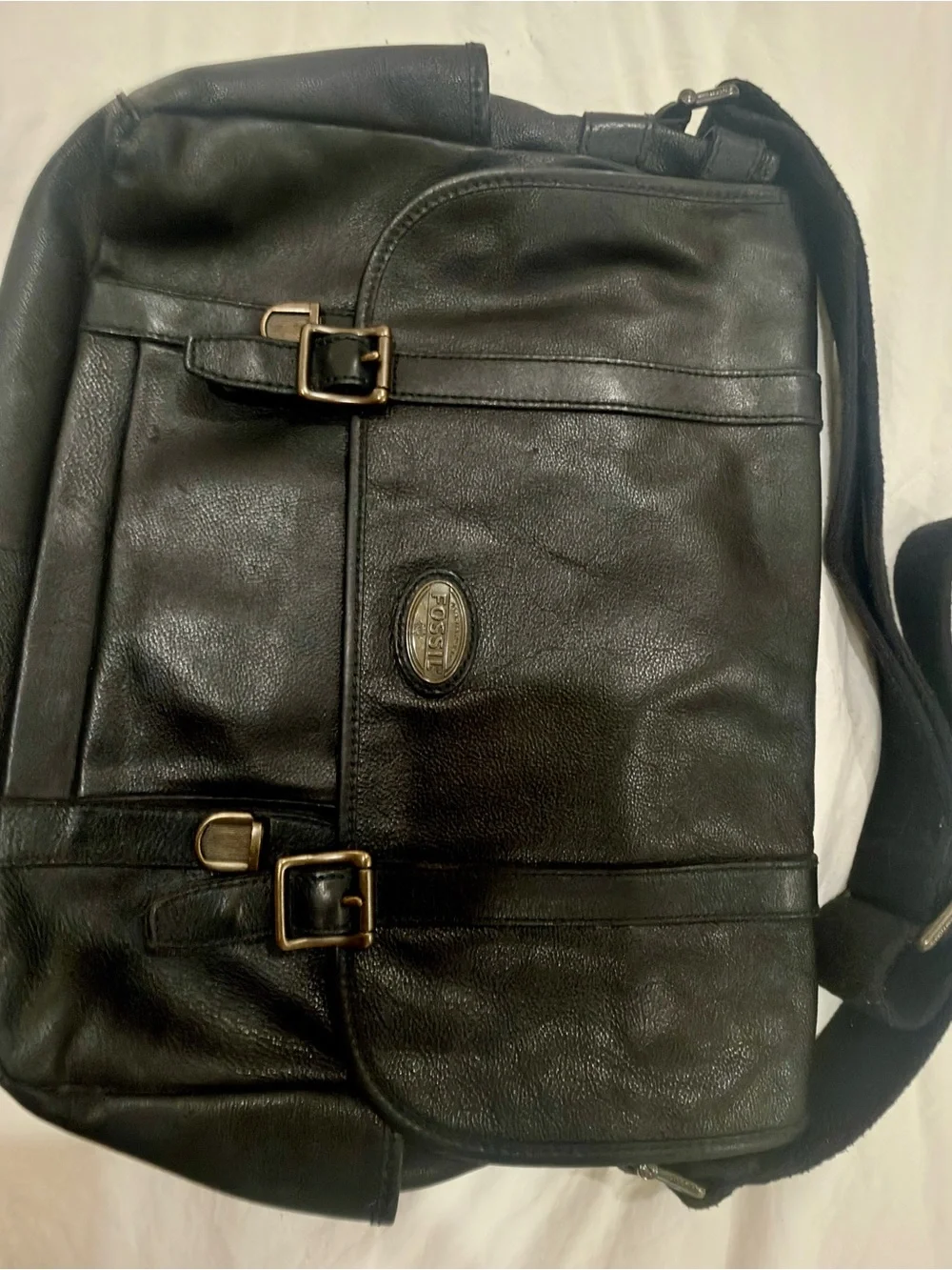 Fossil Black Leather Messenger Crossbody Bag with Brass Hardware